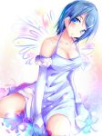  blue_hair blush bracelet breasts cleavage elbow_gloves gloves hair_ornament hairclip highres idolmaster idolmaster_dearly_stars jewelry large_breasts mizutani_eri natsu_(anta_tte_hitoha) open_mouth short_hair sitting solo 
