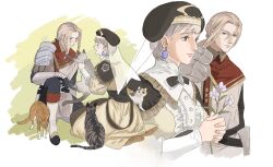  1boy 1girl animal black_gloves black_pants blonde_hair blue_eyes boots breasts brother_and_sister calico_(pattern) calico_cat cat chinese_commentary closed_eyes commentary_request dan_qiu_ku_rong_bu_xiangfeng dress earrings facing_another fire_emblem fire_emblem:_three_houses flower gloves half-siblings hat highres holding holding_animal holding_cat holding_flower jeritza_von_hrym jewelry knee_boots knee_up kneeling long_sleeves looking_at_another medium_breasts mercedes_von_martritz mercedes_von_martritz_(timeskip) pants short_hair siblings sitting tabby_cat 