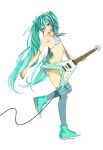  9aki aqua_eyes aqua_hair bikini electric_guitar flat_chest guitar hair_ribbon hatsune_miku headset high-top_sneakers highres instrument long_hair ribbon shoes smile sneakers solo striped striped_bikini striped_swimsuit swimsuit twintails very_long_hair vocaloid 