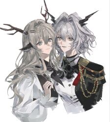  2girls aiguillette alina_(arknights) animal_ears antler_ring antlers arknights ascot black_ascot black_neckerchief blue_eyes brown_eyes commentary deer_antlers deer_ears deer_girl dragon_girl dragon_horns dress epaulettes grey_hair hair_intakes highres horns long_hair long_sleeves looking_at_viewer multiple_girls neckerchief simple_background smile talulah_(arknights) talulah_the_fighter_(arknights) untranslatable_commentary upper_body white_background white_dress wixcuwi 