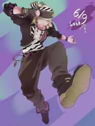 1boy aqua_eyes black_boots black_gloves black_jacket black_pants boots character_name eakanasu final_fantasy final_fantasy_vi fingerless_gloves full_body gloves headscarf highres jacket jewelry locke_cole male_focus midair necklace pants print_shirt purple_background shirt single_glove smile solo wristband 