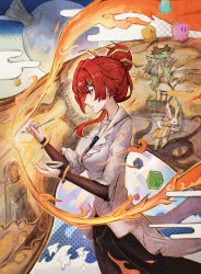  1girl absurdres black_skirt bowl breasts calligraphy_brush closed_mouth commentary_request from_side graphia_(honkai:_star_rail) hair_bun hair_ornament highres holding holding_bowl holding_calligraphy_brush holding_paintbrush honkai:_star_rail honkai_(series) ink isome kappa long_hair medium_breasts paintbrush red_hair shirt skirt solo white_shirt yellow_eyes 