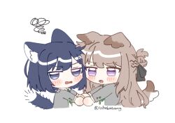 2girls animal_ears black_ribbon blue_eyes blue_hair blush brown_hair cat_ears cat_girl cat_tail commentary_request dog_ears dog_girl dog_tail green_necktie grey_jacket hair_ribbon half_updo holding_hands jacket kemonomimi_mode korean_commentary long_hair medium_hair miyagi_shiori multiple_girls necktie open_mouth ribbon sendai_hazuki shuuniichido_classmate_wo_kau_hanashi simple_background squiggle tail violet_eyes wheloo3rd white_background 