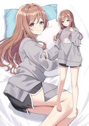  1girl barefoot black_shorts blush brown_hair commentary_request dolphin_shorts full_body gakuen_idolmaster grey_sweater hair_between_eyes hair_down hair_intakes highres himesaki_rinami hugging_object idolmaster kurousagi_yuu legs long_hair long_sleeves looking_at_viewer lying multiple_views on_side open_mouth pillow pillow_hug short_shorts shorts smile standing sweater thighs toes 