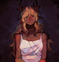  1girl antlers black_eyes blonde_hair commentary deer_antlers deer_girl deltarune dress english_commentary expressionless freckles furry furry_female highres horns long_hair nebbeli noelle_holiday sleeveless sleeveless_dress solo string string_of_fate utdr_(toby_fox) white_dress 