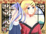  age_difference back bare_shoulders blonde_hair blue_eyes butterfly hairclip japanese_clothes kagamine_rin kamui_gakupo kimono long_hair ponytail purple_hair short_hair vocaloid 
