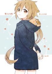  1girl 2019 animal animal_in_clothes ark_kan arms_behind_back blue_coat blush brown_eyes brown_hair chinese_zodiac closed_mouth coat commentary_request hair_between_eyes hood hood_down hooded_coat long_hair long_sleeves looking_at_viewer looking_back original pig simple_background solo translation_request very_long_hair year_of_the_pig 