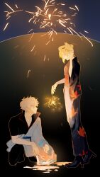  1boy 1girl absurdres akaguchi_35 bangs_pinned_back black_kimono folded_ponytail gintama hadanugi_dousa highres japanese_clothes kimono kiseru kunai_hair_ornament open_clothes open_kimono sakata_gintoki sleeveless sleeveless_kimono smoking_pipe tsukuyo_(gintama) white_kimono 