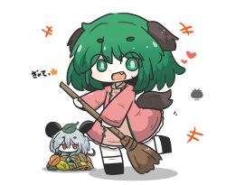  +++ 2girls :d animal_ears black_shoes blue_capelet broom capelet commentary_request dress fang green_eyes green_hair grey_hair hair_between_eyes heart highres holding holding_broom kasodani_kyouko leaf_pile long_sleeves mouse_ears mouse_girl mouse_tail multiple_girls nazrin pink_dress red_eyes sea_urchin shadow shoes short_eyebrows smile socks standing standing_on_one_leg tail thick_eyebrows touhou translation_request uni_souchou white_socks 