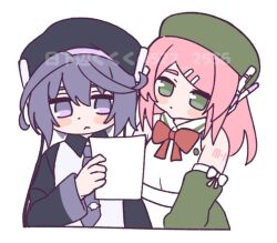  2girls 522_2536 arm_tattoo beret black_shirt chibi dress expressionless green_dress green_eyes hat momone_momo multiple_girls necktie pink_hair purple_hair purple_necktie robot_ears shirt tattoo utane_uta utau violet_eyes 