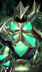  alternate_color black_sclera closed_mouth colored_sclera commentary_request fangs full_body green_eyes highres iron_thorns mixed-language_commentary non-humanoid_robot pemuchi_(chikuwa_3296) pokemon pokemon_(creature) pokemon_focus robot shiny_pokemon skin_fangs solo v-shaped_eyes 