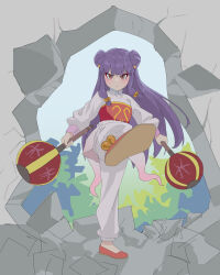  1girl absurdres bell blush broken_wall chinese_clothes chui_(weapon) hair_bell hair_ornament highres holding holding_weapon long_hair pants purple_hair ranma_1/2 red_eyes shampoo_(ranma_1/2) sidelocks standing standing_on_one_leg user_dptp7327 weapon white_pants 