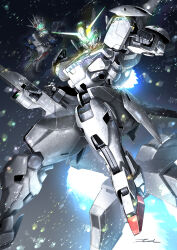  absurdres beam_cannon clenched_hand commentary damaged debris exhaust glowing glowing_eyes green_eyes gundam gundam_aerial_rebuild gundam_calibarn gundam_suisei_no_majo highres holding holding_weapon looking_down mecha mobile_suit motion_blur no_humans revision robot science_fiction signature space taka-f thrusters v-fin weapon 