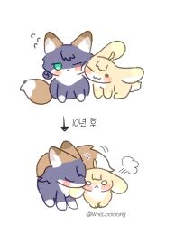 animalization blush brown_eyes cheek-to-cheek cho_kaguya-hime! commentary_request flying_sweatdrops fox green_eyes heads_together kaguya_(cho_kaguya-hime!) korean_commentary korean_text one_eye_closed puff_of_air rabbit sakayori_iroha simple_background translation_request twitter_username wheloo3rd white_background 