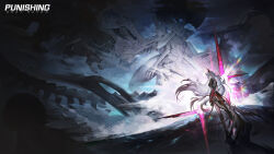  1girl alpha:_inverse_crown_(pgr) alpha_(pgr) full_body hair_between_eyes highres horns long_hair looking_at_viewer looking_back mechanical_arms multicolored_hair official_art official_wallpaper punishing:_gray_raven red_eyes red_hair red_streaks streaked_hair two-tone_hair very_long_hair 