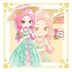  1girl animal_print artist_request border bouquet brown_eyes brown_hat butterfly_print chibi chinese_commentary close-up closed_mouth commentary_request commission daisy_(flower) dress eyes_visible_through_hair floral_print flower frilled_gloves frilled_hat frills gloves gown green_dress hair_flower hair_ornament hand_on_own_chest happy hat highres holding holding_bouquet infinity_nikki lace-trimmed_dress lace-trimmed_headwear lace_trim layered_dress long_hair nikki_(nikki) nikki_(series) outline outside_border pendant_earrings picture_frame pink_dress pink_flower pink_hair pink_ribbon pink_rose print_dress ribbon rose second-party_source short_sleeves sidelocks smile solo sun_hat tsurime under-elbow_gloves verdant_melodies_(infinity_nikki) very_long_hair waist_ribbon wavy_hair white_border white_flower white_gloves white_outline white_sleeves yellow_background yellow_flower yellow_rose zoom_layer 
