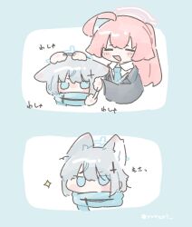  2girls afterimage ahoge animal_ears artist_name black_jacket blue_archive blue_eyes blue_hair blue_halo blue_necktie blue_scarf blush_stickers chibi chibi_only collared_shirt commentary cross cross_hair_ornament extra_ears hair_ornament halo hands_on_another's_head highres hoshino_(blue_archive) hoshino_(second_year)_(blue_archive) inverted_cross jacket long_hair loose_hair_strand multiple_girls necktie pink_hair pink_halo ponytail ruffling_hair scarf shiroko_(blue_archive) shiroko_(young)_(blue_archive) shirt short_hair translation_request twitter_username untranslatable_commentary white_shirt wolf_ears wolf_girl yurari_(yurar1) 
