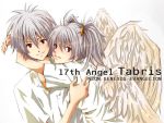  1girl angel couple genderswap grey_hair hug nagisa-a nagisa_kaworu neon_genesis_evangelion red_eyes shirt tabris tabris-xx twintails wings 