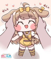  1girl animal_ears bag bell bow butter_(trickcal) chibi commentary_request dog_ears dog_girl dog_tail fang hairband hands_on_another's_head headpat highres neck_bell pink_shorts rubbing_ears shirt shorts shoulder_bag striped_clothes striped_thighhighs suwa_yasai tail thigh-highs trickcal yellow_bow yellow_hairband yellow_shirt yellow_thighhighs 