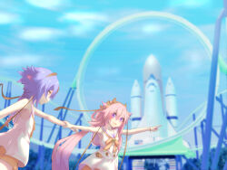  2girls american_flag bare_arms blue_hair blurry blurry_background bow colored_tips commentary day fake_horns gynoid_talk hair_flaps hairband highres holding_another's_wrist horned_headwear horns kokodoko_(g_kkdk) long_hair meika_hime meika_hime_(gynoid_talk) meika_mikoto meika_mikoto_(gynoid_talk) multicolored_hair multiple_girls open_mouth outdoors outstretched_arms pink_eyes pink_hair pointing red_bow red_shirt rocket roller_coaster sailor_collar shirt sky smile space_shuttle spacecraft thrusters very_long_hair vocaloid white_sailor_collar white_shirt 