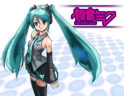  1girl aqua_eyes aqua_hair aqua_nails aqua_necktie black_boots black_skirt black_sleeves boots breasts character_name closed_mouth collared_shirt commentary_request detached_sleeves fingernails grey_shirt hair_between_eyes hatsune_miku karuta_(karutazia) long_hair looking_at_viewer necktie shirt skirt sleeveless sleeveless_shirt solo standing thigh_boots twintails very_long_hair vocaloid 