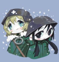  2girls black_eyes blue_background blue_eyes brodie_helmet chito_(shoujo_shuumatsu_ryokou) coat combat_helmet flea_(artist) fur-trimmed_coat fur_trim green_coat helmet highres looking_at_another military_uniform multiple_girls shoujo_shuumatsu_ryokou snow yuuri_(shoujo_shuumatsu_ryokou) 