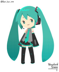  1girl aqua_eyes aqua_hair aqua_necktie bare_shoulders black_boots black_skirt bon_bon_eee boots chibi chibi_only commentary copyright_name detached_sleeves full_body grey_shirt hatsune_miku headset highres long_hair looking_at_viewer necktie number_tattoo pleated_skirt shirt shoulder_tattoo simple_background skirt sleeveless sleeveless_shirt smile solo standing tattoo thigh_boots twintails very_long_hair vocaloid vocaloid_boxart_pose white_background 