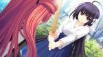  game_cg hananomiya_ako japanese_clothes long_hair nishimata_aoi sekai_seifuku_kanojo weapon yamino_yumeko 