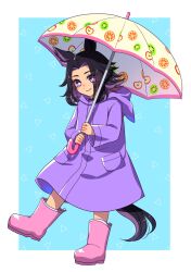  1girl animal_ears black_hair blush boots closed_mouth commentary_request fenomeno_(umamusume) flipped_hair highres holding holding_umbrella horse_ears horse_girl horse_tail long_hair long_sleeves looking_at_viewer multicolored_hair pink_boots purple_hair purple_raincoat sa_420 smile tail umamusume umbrella violet_eyes 