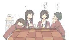  4girls :t black_hair blush braid brown_hair closed_eyes commentary_request controller cup double-parted_bangs eating eighth_note food fruit fusou_(kancolle) hair_between_eyes haori heater japanese_clothes kantai_collection kotatsu long_hair long_sleeves looking_at_another medium_hair mogami_(kancolle) multiple_girls musical_note open_mouth orange_(fruit) red_haori remote_control shigure_(kancolle) shigure_kai_ni_(kancolle) shirt short_hair sidelocks simple_background single_braid sleeping smile sweat t-shirt table teapot turtleneck turtleneck_shirt wachi_(hati1186) white_background white_shirt yamashiro_(kancolle) |_| 