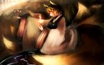  animal_ears bad_id blonde_hair burning floating_object fox_ears fox_tail highres mifuru mouth_hold multiple_tails no_hat no_headwear ofuda profile short_hair solo tail touhou wide_sleeves yakumo_ran 