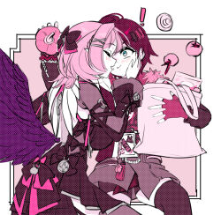  ! absurdres bag belle_(zenless_zone_zero) black_dress black_shirt black_shrug black_thighhighs breasts commentary dress green_eyes grey_skirt hair_ornament highres holding holding_bag imminent_kiss large_breasts letter_hair_ornament mashaer medium_hair pink_hair purple_wings remielle_dan shirt short_hair shrug_(clothing) skirt thigh-highs wings yuri zenless_zone_zero 