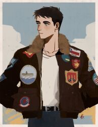  1boy absurdres belt belt_buckle black_belt black_hair black_jacket blue_eyes blue_pants border buckle bupperscotch closed_mouth clouds collarbone commentary cowboy_shot english_commentary fur-trimmed_collar fur_trim hands_in_pockets highres jacket long_sleeves looking_to_the_side male_focus open_clothes open_jacket outside_border pants patch pete_"maverick"_mitchell shirt short_hair sky solo top_gun white_border white_shirt 