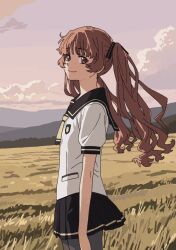  1girl ano_natsu_de_matteru black_sailor_collar black_skirt brown_eyes brown_hair clouds cowboy_shot eyebrows_hidden_by_hair flat_chest floating_hair from_side grey_pantyhose h4sh1rnoto highres light_smile long_hair looking_at_viewer miniskirt neckerchief outdoors pantyhose sailor_collar scenery school_uniform shirt skirt sky twintails very_long_hair white_shirt yamano_remon yellow_neckerchief 