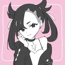  1girl closed_mouth collar commentary dress earrings eyelashes hair_ribbon hand_up head_tilt highres jacket jewelry looking_at_viewer marnie_(pokemon) meru_merume603 pokemon pokemon_sword_and_shield ribbon single_off_shoulder solo split_mouth twintails two_side_up untranslatable_commentary upper_body 