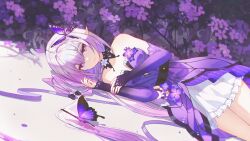  1girl bare_shoulders bright_pupils bug butterfly butterfly_hair_ornament castorice_(gossamer_flutter)_(honkai:_star_rail) castorice_(honkai:_star_rail) chinese_commentary commentary_request detached_sleeves dress dress_flower flower gleam_lin_shi hair_ornament highres honkai:_star_rail honkai_(series) long_hair looking_at_viewer lying official_alternate_costume on_side pointy_ears purple_butterfly purple_dress purple_flower purple_hair smile solo strapless strapless_dress very_long_hair violet_eyes white_pupils 