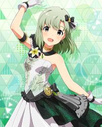  1girl arm_up black_hair blush bow breasts card_commentary commentary_request cowboy_shot earrings floral_print game_asset gloves gold_choker green_hair grey_eyes hair_bow idolmaster idolmaster_(classic) idolmaster_million_live! idolmaster_million_live!_theater_days idolmaster_stella_stage jewelry looking_at_viewer medium_hair mole mole_under_eye official_alternate_costume official_art open_mouth shiika_(fairytale_lily)_(idolmaster) shiika_(idolmaster) single_bare_shoulder skirt solo standing third-party_source white_gloves white_skirt 