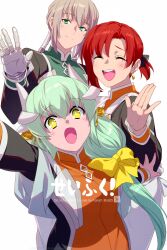  1boy 2girls apron bedivere_(fate) black_sleeves blush boudica_(fate) bow breasts chaldea_staff_uniform closed_eyes commentary_request dragon_horns earrings echo_(circa) fate/grand_order fate_(series) gauntlets green_eyes green_hair green_jacket grey_hair hair_bow hair_tubes horns jacket jewelry kiyohime_(fate) large_breasts long_hair long_sleeves looking_at_viewer medium_breasts multiple_girls official_alternate_costume open_mouth orange_jacket past_chaldea_(fate/grand_order) ponytail red_hair short_hair short_ponytail smile solo translation_request white_apron yellow_eyes 