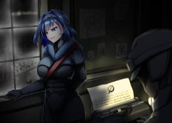  1girl 1other belt black_gloves blue_eyes blue_hair bow bow_earrings breasts chain chain_headband coat earrings frostpunk fur_trim gloves hair_intakes hololive hololive_english jewelry large_breasts ouro_kronii pin_board ribbon_earrings schulz short_hair turtleneck typewriter virtual_youtuber window winter_clothes winter_coat 