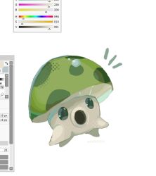  art_program_in_frame artist_name commentary english_commentary green_eyes halftone hightguy looking_at_viewer mushroom no_humans notice_lines open_mouth painttool_sai plants_vs._zombies sea-shroom_(plants_vs._zombies) simple_background solid_oval_eyes solo white_background 