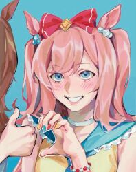  2girls agnes_digital_(full-color_fangirling)_(umamusume) agnes_digital_(umamusume) agnes_tachyon_(umamusume) animal_ears badhapple blue_eyes blue_sailor_collar bow brown_hair frilled_sailor_collar frills grin hair_bow heart_hands_failure highres horse_ears horse_girl long_hair multiple_girls pink_hair sailor_collar smile two_side_up umamusume 