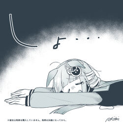  1girl a4_(a4_eishi) absurdres animal_ears blunt_bangs blush breasts chrono_genesis_(umamusume) closed_eyes collarbone commentary_request gloom_(expression) hair_between_eyes hair_ornament highres horse_ears horse_girl long_hair monochrome school_uniform simple_background solo tracen_school_uniform umamusume 
