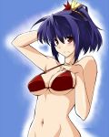  bikini bikini_top blush bottomless breasts bust frown hair_ornament kasukazu large_breasts leaf mound_of_venus navel purple_hair red_eyes rope short_hair solo swimsuit touhou yasaka_kanako 