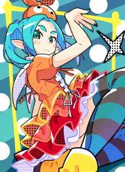  1girl absurdres aqua_background aqua_hair aqua_nails aqua_thighhighs arm_up artist_name ben-day_dots black_nails blush boots bourbunbun closed_mouth dress english_commentary eye_on_hat frilled_dress frills googly_eyes green_eyes grey_thighhighs hat highres looking_at_viewer monogatari_(series) multicolored_nails multicolored_thighhighs nail_polish ononoki_yotsugi orange_dress orange_hat parted_bangs pointy_ears polka_dot polka_dot_background puffy_short_sleeves puffy_sleeves screentones short_sleeves solo striped_background striped_clothes striped_thighhighs thick_eyebrows thigh-highs twintails two-tone_thighhighs yellow_boots 