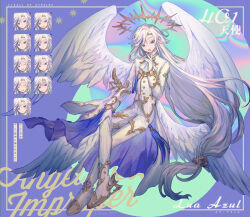  0v0_mu 1boy :d abstract_background angel angel_devil_improper angel_wings ascot blue_coat blue_eyes blue_gem blue_streaks boots buttons call_of_cthulhu character_name coat commentary_request copyright_name crossed_legs curtained_hair feathered_wings frilled_shirt_collar frills full_body gem gloves gold_trim green_background hair_ornament halo hand_on_own_chin hand_on_own_knee highres invisible_chair leaf_ornament long_hair long_sleeves looking_at_viewer low-tied_long_hair lua_azul male_focus multicolored_hair multiple_expressions multiple_wings pants purple_background shirt single_hair_streak sitting sleeve_cuffs smile solo spiked_halo standing streaked_hair swept_bangs tassel thigh_boots two-sided_coat two-sided_fabric very_long_hair white_ascot white_boots white_coat white_gloves white_hair white_pants white_shirt white_wings wings 
