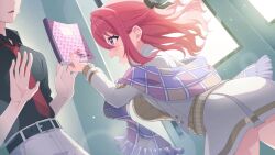  1boy 1girl artist_request belt black_belt black_boots black_shirt blazer boots bow brown_sweater_vest commander_(girls_garden) cowboy_shot floating_hair from_side game_asset hair_bow himekawa_senka holding holding_notebook indoors jacket long_hair mole mole_under_eye muv-luv muv-luv_girls_garden necktie notebook official_art open_clothes open_jacket open_mouth pants red_hair red_necktie shirt skirt stole sweatdrop sweater_vest third-party_source violet_eyes white_jacket white_pants white_skirt 