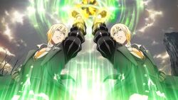  2boys arm_up artist_request bare_tree belt black_belt black_coat blonde_hair blue_eyes brown_gloves brown_vest clenched_hands clone clouds cloudy_sky coat collarbone commentary_request cowboy_shot day eizen_(tales) game_asset gloves hitting looking_up magic mountain multiple_boys official_art orange_shirt outdoors shirt short_hair sky standing tales_of_(series) tales_of_berseria tales_of_the_rays teeth third-party_source tree vest white_shirt 