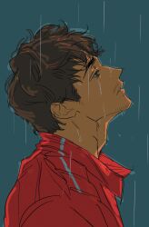  1boy adam's_apple blue_background brown_eyes brown_hair byqkylrnllljmoy charles_leclerc collared_shirt commentary facial_hair formula_one from_side head_back highres male_focus parted_lips profile rain real_life red_shirt shirt short_sideburns sideburns solo upper_body wet wet_clothes wet_hair 