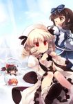  4girls ahoge black_hair bow brown_eyes chibi drill_hair hair_bow hakurei_reimu hat long_hair luna_child multiple_girls red_eyes shin_(new) short_hair snow star_sapphire sunny_milk touhou wink 