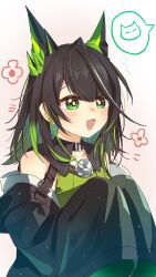  1girl :d absurdres arknights bare_shoulders black_hair black_jacket chinese_commentary colored_inner_hair commentary_request dress green_dress green_eyes green_hair highres hualing868 jacket long_hair long_sleeves mon3tr_(arknights) multicolored_hair open_mouth simple_background sleeves_past_fingers sleeves_past_wrists smile solo speech_bubble upper_body white_background 